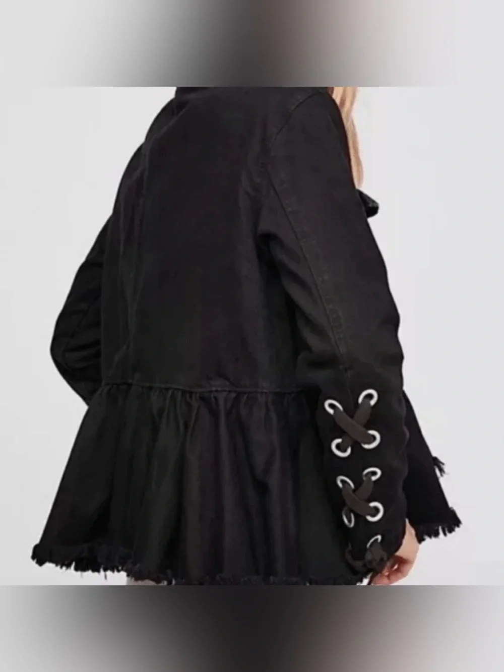 Free People Willow Black Denim Jacket Peplum Raw Hem Lace Up Cuff Military
